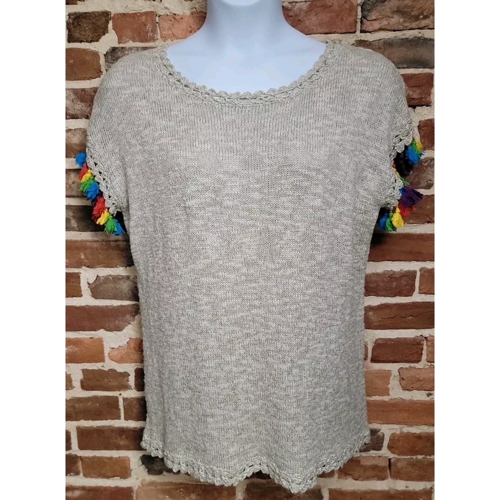 Soft Surroundings Womens Pullover Sweater Fiesta Beige  Pom Pom Tassels  Size XS